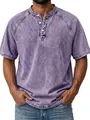 Detail view of a purple washed distressed men's Henley shirt with button placket - 4XL / Tops / Purple