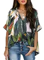 Women's tropical leaf print V-neck Polo shirt with stylish half sleeves design - Leaf