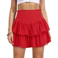 Vibrant red layered ruffle mini skirt with high-waisted smocked band detail. - XS / Bottoms / Red