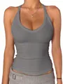 Close-up detail of grey rib-knit fabric on a women's V-neck sports tank top with slim fit - Gray