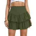 Close-up showing the tiered ruffle layers and shirred waist of the green mini skirt - Army Green