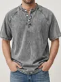 Close-up of men's vintage washed grey Henley shirt with button placket and raglan sleeves - 4XL / Tops / Gray