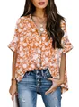 Stylish orange floral print V-neck Polo shirt with elegant half sleeves for women - Red Flower