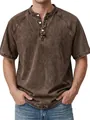 Close-up detail of a men's vintage acid-washed brown Henley shirt with button placket - 4XL / Tops / Coffee