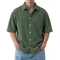 Camisa de pana de manga corta para hombre en verde oliva con elegante cuello de solapa. - Verde oscuro