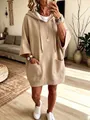 Casual beige oversized hoodie dress featuring front pockets and a comfortable loose fit. - S / Tops / Khaki