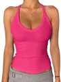 Detailed view of women's ribbed V-neck tank top in vibrant pink with cross necklace detail. - XS / Tops / Rose Red
