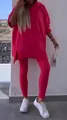 Full view of women's fuchsia two-piece tracksuit with side-slit hoodie and leggings - Red