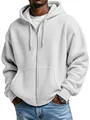 Detail of men's white waffle knit zip-up hoodie with hood and pockets. - S / Tops / White