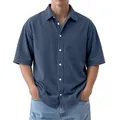 Camisa casual de pana azul pizarra con botones y manga corta para hombre de alta calidad - Azul marino