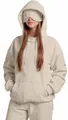 Vista detallada de la sudadera oversize para mujer con antifaz de viaje incorporado - Albaricoque