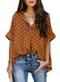 Stylish women's orange polka dot V-neck Polo shirt featuring rolled short sleeves - S / Tops / Brown Polka Dot