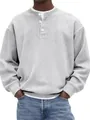 Close-up of men's grey ribbed corduroy Henley shirt with long sleeves - S / Tops / White