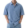 Camisa de manga corta de pana azul para hombre con cuello de solapa - Azul claro