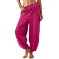 Detail shot of magenta loose-fitting lantern pants with elastic waist and pockets - Rose Red