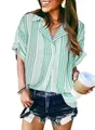 Stylish summer green and white striped V-neck polo shirt with comfortable short sleeves - S / Tops / Green Stripes