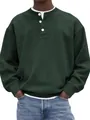Detailed macro view of dark green corduroy ribbed Henley shirt with three white buttons - S / Tops / Dark Green
