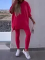 Vibrant two-piece hot pink sports casual set featuring oversized hoodie and leggings - Red
