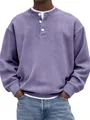 Detailed close-up of purple ribbed corduroy Henley shirt showing white button neckline - S / Tops / Purple