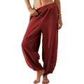 Detailed close-up of women's loose casual lantern pants with elastic waist and pockets - XS / Bottoms / Burgundy