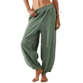 Full front view of sage green loose-fitting casual harem pants with elastic waist and pockets - XS / Bottoms / Green