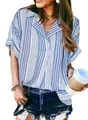 Stylish women's casual blue and white vertical striped V-neck Polo shirt with five-point sleeves - S / Tops / Blue Stripe