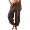 Casual loose women's harem pants with elastic waist and pockets in brown color - Brown