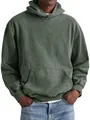 Detail view of a vintage washed olive green men's cotton casual hoodie worn on a model - M / Tops / Army Green