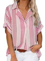 Red and white vertical striped V-neck polo shirt for women featuring a casual short sleeve - Pink Stripe