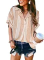 Casual women's striped V-neck Polo shirt with five-point sleeves in tan and white - Orange Stripe