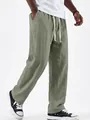 Men's linen straight-leg pants with adjustable drawstring waist in sage green color. - S / Bottoms / Army Green