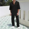Schwarzes zweiteiliges Herren-Sommer-Set mit Kurzarm-Poloshirt und Hose aus Stoff - S / Oberteil Und Unterteil / Schwarz