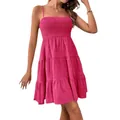 Vibrant hot pink summer camisole mini dress with smocked bodice and tiered A-line skirt - S / Dresses / Rose Red