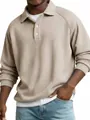 Detail view of men's waffle knit long sleeve polo shirt with raglan sleeves and button lapel. - S / Tops / Apricot