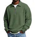 Close-up of olive green waffle knit texture on men's half-zip polo shirt - Army Green