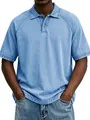 Detailed view of men's washed light blue Polo shirt with vintage distressed texture - S / Tops / Light Blue