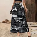 High-waisted wide-leg pants featuring stylish black and white 3D newspaper print - S / Bottoms / Black