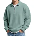 Detail of men's mint green waffle knit polo shirt with stylish half-zip collar design - Light Green