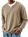 Detailed view of a tan long-sleeve sweatshirt with a white faux layered crew neck detail - S / Tops / Khaki