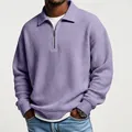 Close-up detail of lavender waffle knit texture on men's retro half-zip polo shirt - Purple