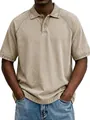 Detailed view of men's vintage washed khaki Polo shirt featuring a distressed texture and fit - S / Tops / Light Khaki