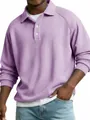 Detail shot showing the purple waffle texture and button polo collar of the long sleeve shirt. - Purple