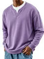 Detail view of purple men's sweatshirt with white layered neckline and knit texture - S / Tops / Purple