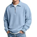 Close-up of men's waffle knit polo shirt with functional half-zip collar detail. - S / Tops / Sky Blue