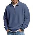 Detailed view of blue waffle knit texture on a men's vintage quarter-zip polo shirt - S / Tops / Navy Blue