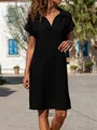 Detail of elegant black cotton linen polo neck short sleeve dress for women in summer - S / Dresses / Black