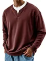 Detail view of burgundy men's faux two-piece sweatshirt with V-split neckline. - S / Tops / Burgundy