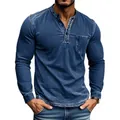 Detailed view of men's blue distressed long sleeve Henley shirt with chest pocket - Navy Blue