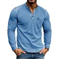 Men's blue slim fit Henley long sleeve shirt detail with chest pocket and washed finish - Sky Blue