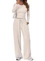Women's 2-piece cream lounge set with long sleeve top and high waist wide leg pants - Off White